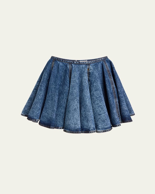 Flared Denim Pleated Mini Skirt